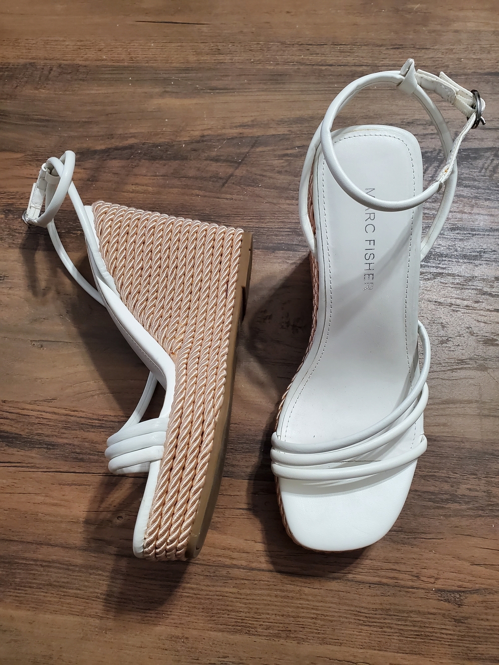 Marc Fisher White Strappy Wedge Sandals with Braided Tan Platform